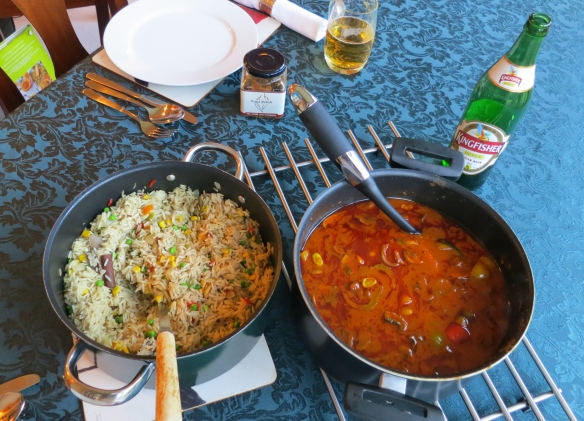 Chicken jalfrezi and pilau rice