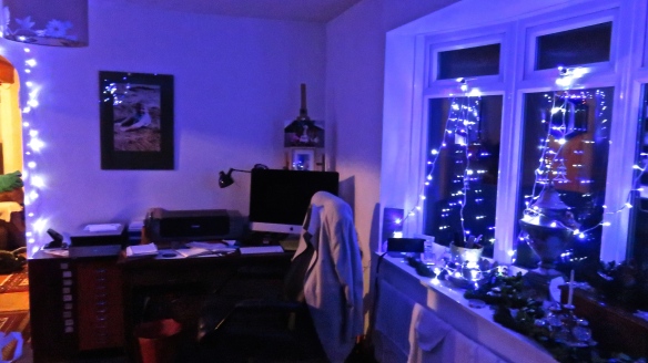 Christmas lights in study desk area