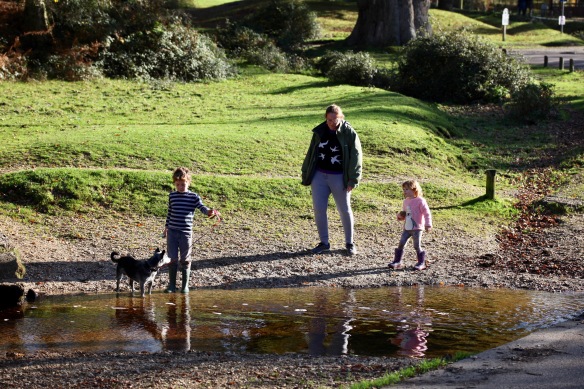 Woman, children and dog reflected
