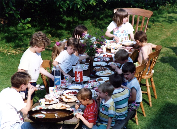 Louisa's birthday party 5.89 Kate and children at tea table 015