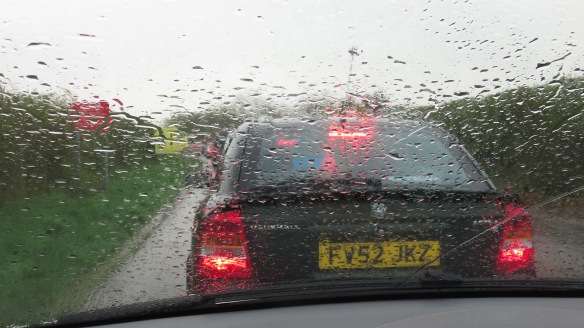 Rain on windscreen in queue